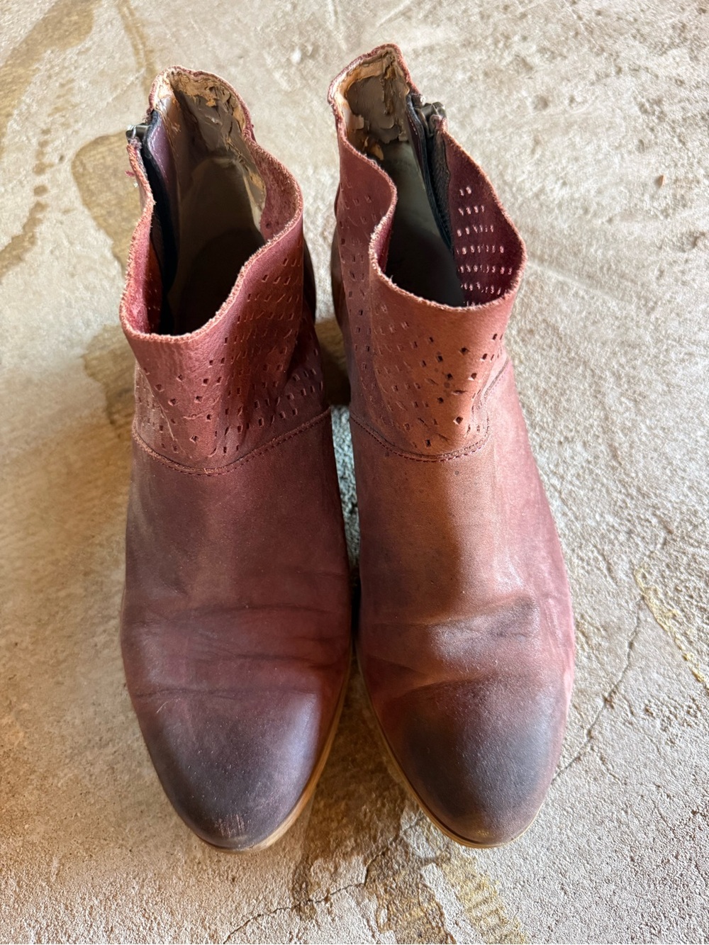 Hinge Perforated Ankle Booties in ombre Burgundy Ox Blood Red